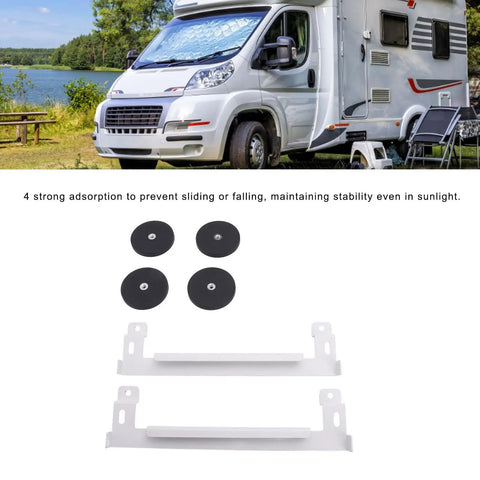 Space Saving Metal Mounting Bracket for RV Boat and Aircraft White Magnetic Satellite Car Mount Kit Compatible With Mini Satellite Dish Includes Four Suction Cups and Precise Adjustable Positioning for Quick Onboard TV Dish Install, displayed with suction cups and mounting accessories next to RV at lakeside campsite.
