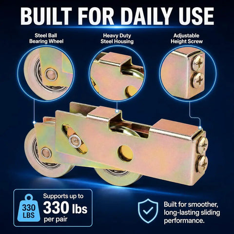 Zero Hassle Sliding Door Roller Assembly Replacement Kit Featuring Dead Smooth Ball Bearing Steel Wheels And No Fuss Track Hardware For Patio And Closet Doors Two Pack showing steel ball bearing wheel and adjustable height screw.