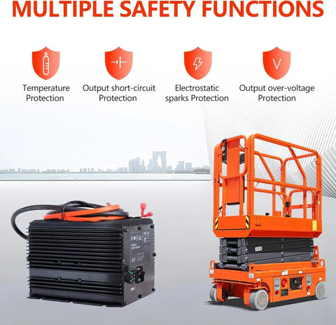 Heavy Duty Built Like A Tank 24V 25A Scissor Lift Battery Charger with auto shutoff next to Genie scissor lift.
