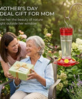 Mother and daughter with gift next to a 2 Pack 14 Ounce Plastic Hummingbird Feeders With Ant Moat And Bee Guard For Outdoors