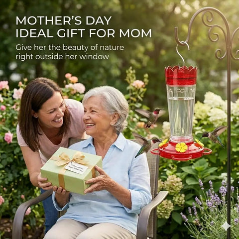 Mother and daughter with gift next to a 2 Pack 14 Ounce Plastic Hummingbird Feeders With Ant Moat And Bee Guard For Outdoors