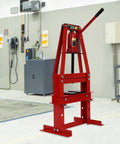 Front view of 6 Ton A-Frame Hydraulic Shop Press With Adjustable Plates For Auto Repairs Including Bearings Bushings Ball Joints U Joints Pulleys And Gears Heavy Duty Garage Floor Press For Home Workshops And DIY Pros in a garage setting