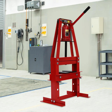 Front view of 6 Ton A-Frame Hydraulic Shop Press With Adjustable Plates For Auto Repairs Including Bearings Bushings Ball Joints U Joints Pulleys And Gears Heavy Duty Garage Floor Press For Home Workshops And DIY Pros in a garage setting