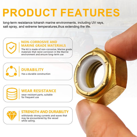 Hand holding brass component from Prop Nut And Lock Tab Washer Kit For Outboard Motors 30 Hp To 60 Hp Replacement 18-3702