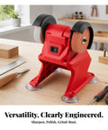 Kickass Compact Bench Grinder Featuring Dual Wheel Sharpening And Polishing Rig with rubber suction base and toggle switch on a workshop table.