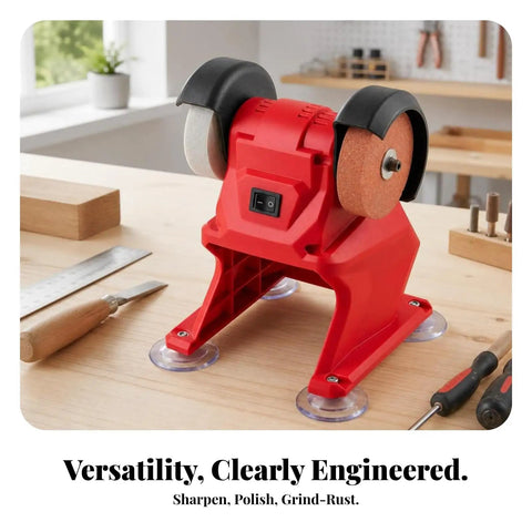 Kickass Compact Bench Grinder Featuring Dual Wheel Sharpening And Polishing Rig with rubber suction base and toggle switch on a workshop table.