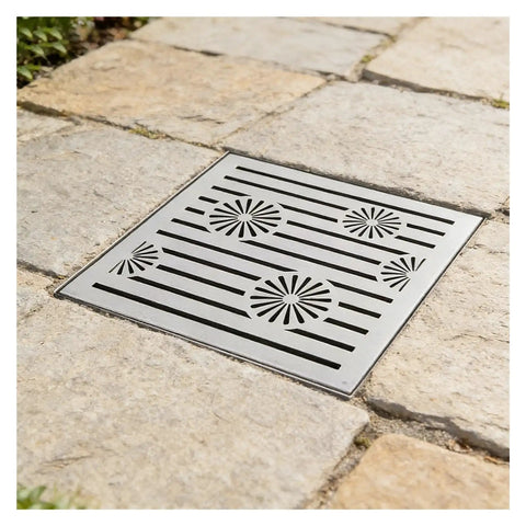Bulletproof 304 Stainless Steel Drain Grate Covers Heavy Duty Catch Basin Sewer Grate With Reinforced Frame Built Tough For Outdoor Driveways And Yard Surfaces 24X24 Inch on stone pathway.