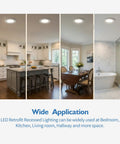12 Pack 5/6 Inch LED Recessed Can Lights Adjustable Retrofit Downlights No Brainer Install 12W Equal 60W shown in various rooms