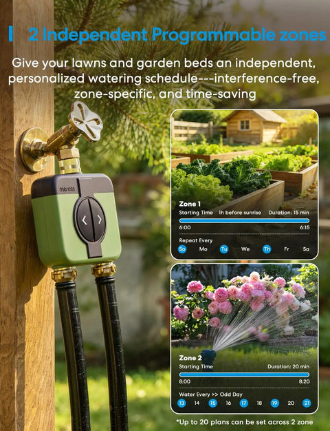 Two Zone WiFi Water Timer For Garden Hose With Brass Inlet And Outlet No Mess Setup Smart Sprinkler Controller outdoors