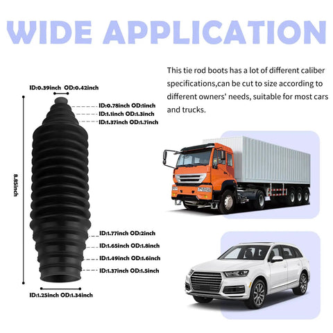 Wide application Tie Rod Boot Kit with Pinion Bellows, Cable Ties, Clamps, black silicone, cars and truck compatibility, 8.85 in length.