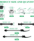 16Pcs Bicycle Hub Nut And Safety Washer Kit With 3 Size Nuts M9.5 M10 And M8 Front And Rear Quick Release Levers Washers And Hollow Shafts Replacement Parts For MTB And Road Bikes shown with dimensions and quantities.