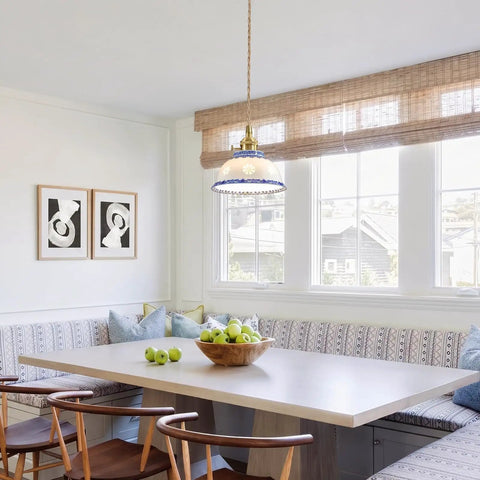 Ceramic Blue and White Pendant Light,Porcelain Light Fixture Kitchen Island hanging above a kitchen table with apples.