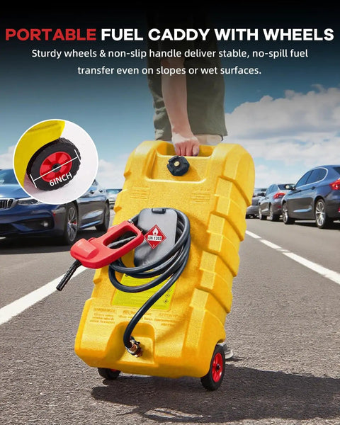 Garvee 15 Gal Gas Caddy Heavy Duty Gas Can With Manual Fuel Transfer Pump, portable yellow fuel caddy with wheels for easy transport.