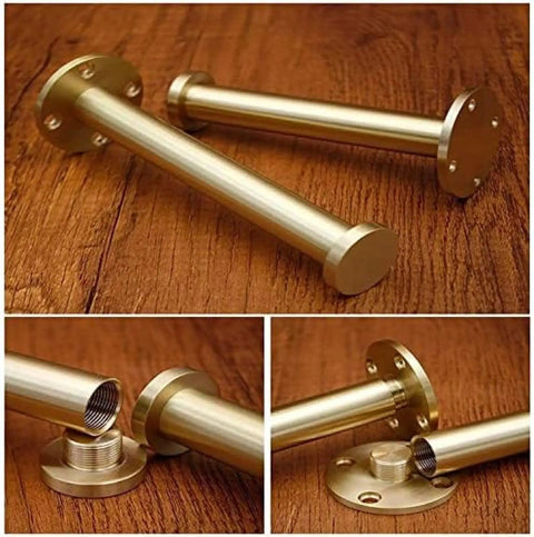 Four Pack Adjustable Solid Brass Furniture Legs For Sofa, Cabinet, Coffee Table, TV Stand, Bathroom Cabinet And More - Gold Finish 250mm 9.84in Heavy Duty Metal Sofa Support Legs showing threaded details and mounting plate on wooden surface.