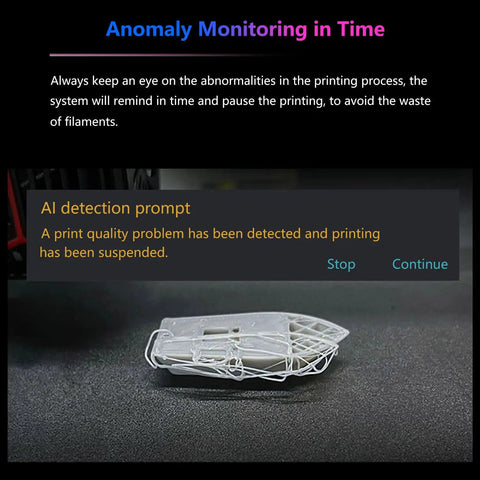 Nebula Camera For 3D Printers Real Time Monitoring With Night Vision And Time Lapse Video Plug And Play Setup Works With Sonic Pad Nebula Pad Ender 3 V3 KE V3 Plus Ender 5 Max CR 10 SE Halot Mage Pro showing anomaly detection on 3D print.