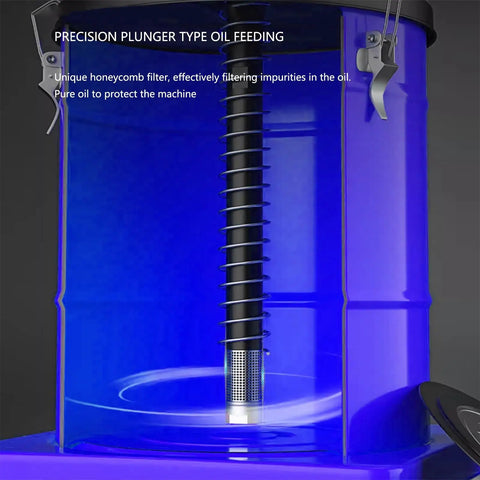 Close-up of Heavy Duty Pneumatic Grease Pump for 5 Gallon Drums, showing precision plunger and filter inside drum.