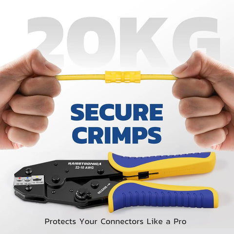 Hands holding insulated wire with crimp, Ratcheting Crimping Tool For Insulated Wire Connectors, Works On AWG 22 Through 10 shown below.