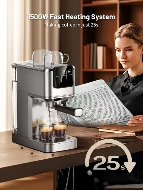 20 Bar Espresso Coffee Maker Delivering Smooth Barista Shots At Home With Fast Hot Cold Brew Options Built In Frother Intuitive Touch Controls Compact Setup For No Fuss Lattes And Everyday Coffee Vibes with fast heating system, two espresso shots, and modern design.