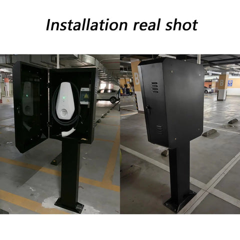 Heavy Duty Outdoor Electric Vehicle Charging Station Floor Stand, Beat The Elements Weather Guard And Antitheft Box For Your Rig, Solid As A Rock Galvanized Steel Mount Medium installed in a parking garage.