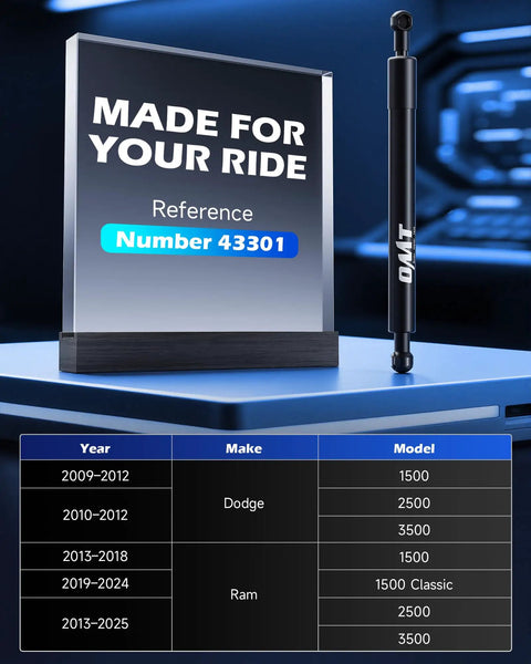 Product display with compatibility chart and Tailgate Assist for Ram Trucks 2009 to 2025 Safe Smooth Tailgate Drop and Lift Kit