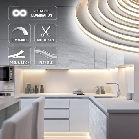 Modern kitchen with RibbonFlex Pro 24V White COB LED Strip Light Tape 2700K 32 Ft 10 M installed for accent lighting.