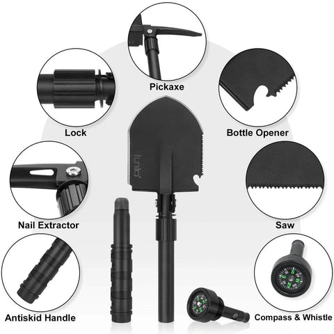 All In One Folding Survival Shovel With Pickaxe Military Grade Rugged Collapsible Spade showing parts: pickaxe, saw, compass, and handle