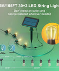 105ft Solar String Lights Outdoor Waterproof Patio Lighting With 30 Plus 2 Shatterproof S14 Bulbs 4 Modes 3 Timers IP65 shown with solar panel and LED bulbs