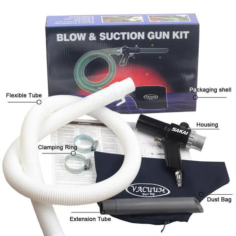 Top Shelf Pneumatic Vacuum And Blower Gun Badass Dual Function Air Tool For No Sweat Garage Cleanup Easy Toggle Valve with flexible hose and accessories.