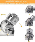 Adjustable angle view of Heavy Duty Three Jaw Chuck And Rotary Dividing Head Kit With Tailstock For Cnc Milling showcasing 0°, 45°, and 90° positions.