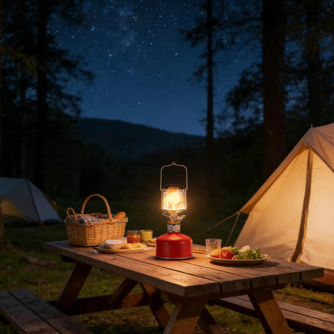 Portable Propane Gas Lantern For Camping With Copper And Stainless Steel Construction on picnic table at night