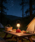 Go To Portable Camping Lantern With Adjustable Brightness and Warm Glow on picnic table in outdoor campsite at night