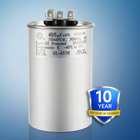 Dual Run 45 Plus 5 MFD AC Capacitor 440V For Heat Pumps And Air Conditioners Replaces 370V And 440V Units CBB65 Type