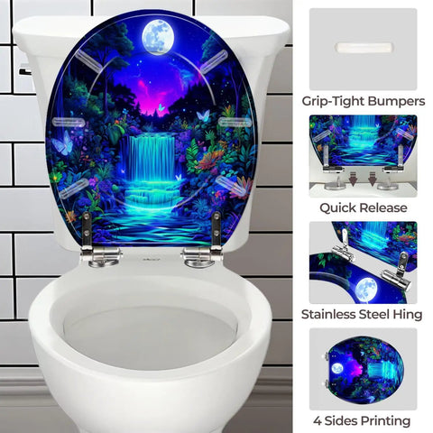Toilet Seat Round Resin for Bathroom with colorful butterfly and waterfall design, fitting various toilet models.