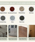 Wood Filler Kit For Furniture, Tables, Cabinets And Floors With 7 Color Touch Up Fillers for oak, walnut, gray and brown veneer.