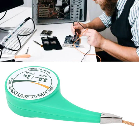 Man using Desoldering Braid Wire With Flux Brass Solder Wick For PCB Cleaning And Repair Pro Grade Desoldering Wick Tool 2M Length 3.0mm Width Flat Conductive Wick That Absorbs Solder Fast And Clean near open computer case