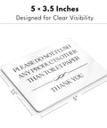 Do Not Flush Sign For Bathrooms White Acrylic Five By Three Point Five Inches with flush instructions, angled view