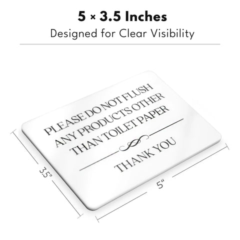 Do Not Flush Sign For Bathrooms White Acrylic Five By Three Point Five Inches with flush instructions, angled view