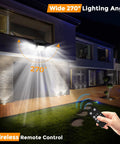 Outdoor Solar Flood Lights 210 LED 2500LM Three Head Motion Sensor With Remote Control illuminating house facade at night.