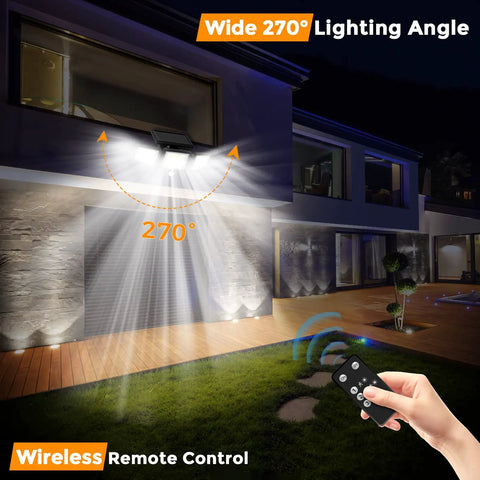 Outdoor Solar Flood Lights 210 LED 2500LM Three Head Motion Sensor With Remote Control illuminating house facade at night.