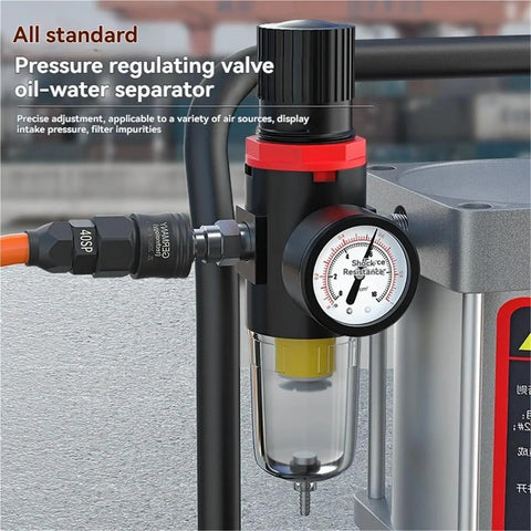 Pressure regulating valve oil-water separator for air compressors, precise adjustments, durable design, compact with gauge.