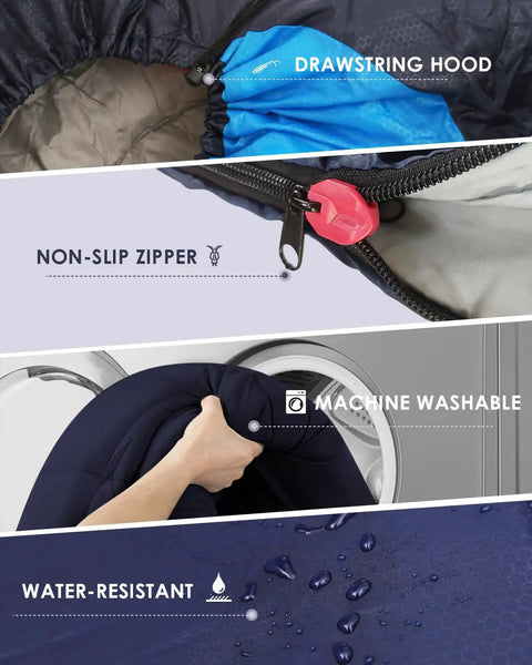 Roomy Three Season Sleeping Bag For Adults And Teens Lightweight Waterproof Cold Weather Camping Gear with drawstring hood, zipper, and washing