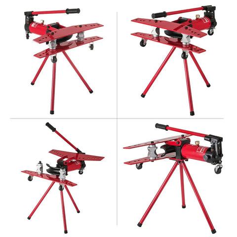 Top Shelf Manual Hydraulic Pipe Bender And Rebar Cutting Tool Heavy Duty Tube Bender Machine Workhorse For Roll Cages And Guardrails showing red frame with angled view.