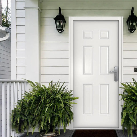 Six Panel White Steel Security Door With Frame And Hardware, Left Side Hinged Inward, Adjustable Width From 32 11/16 To 35 Inches