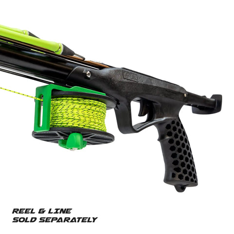 Explorer 75cm Performance Speargun for Serious Spearfishing and Freediving with grip and reel attachment detail