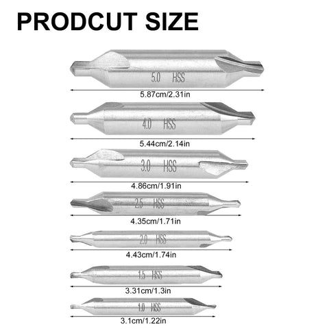 Pro Grade 7 Piece Center Drill Bit Set M2 HSS With 60 Degree Countersink For Lathe Metal Woodworking Sizes 1.0 1.5 2.0 2.5 3.0 4.0 5.0 Mm
