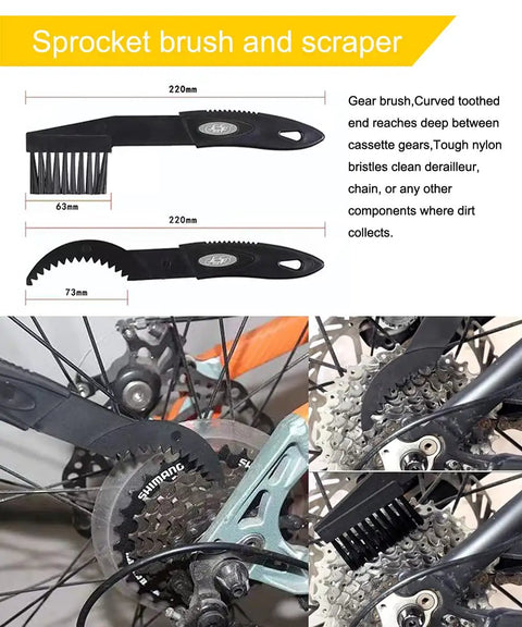 Sprocket brush and scraper from 7 Piece Bike Cleaning Kit With Degreaser 10 Oz And Wet Lube 2 Oz, Chain Scrubber And Brush
