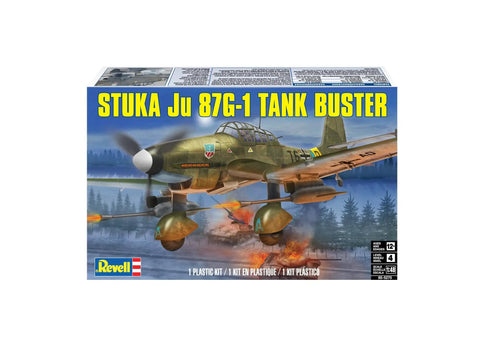 Box art of Stuka Ju 87G One Tank Buster Model Kit showing WWII aircraft with markings, 37mm cannons in flight over forest.