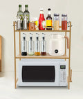 Top Shelf Heavy Duty Double Tier Microwave Stand With Cutting Board Holder And Four Utensil Hooks For Countertop Storage Kitchen Organization No Sweat Setup with spices and kitchen tools.