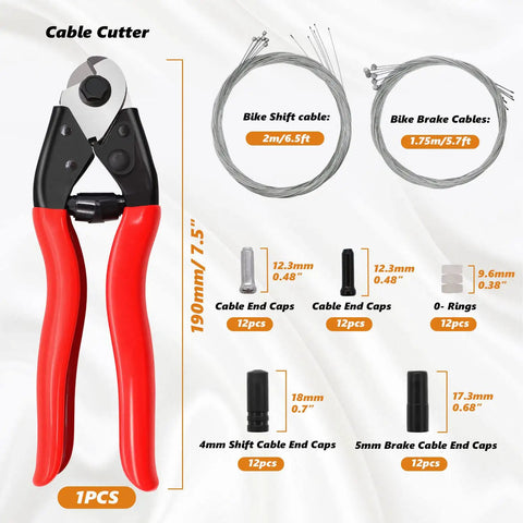 Universal Bike Brake Cable Kit And Housing Replacement Set with stainless steel cable cutter, cables, and end caps.
