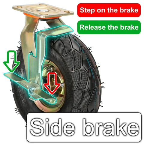 Heavy Duty Rubber Casters Pair With Eight And Ten Inch Swivel Options For Serious Outdoor Hauling with side brake feature highlighted.